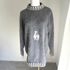 Handmade Alpaca Wool Llama Fair Isle Stand Neck Sweater Gray Womens XL Peruvian